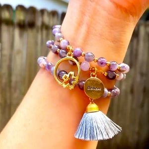 Set of 3 purple amethyst gemstone bracelets